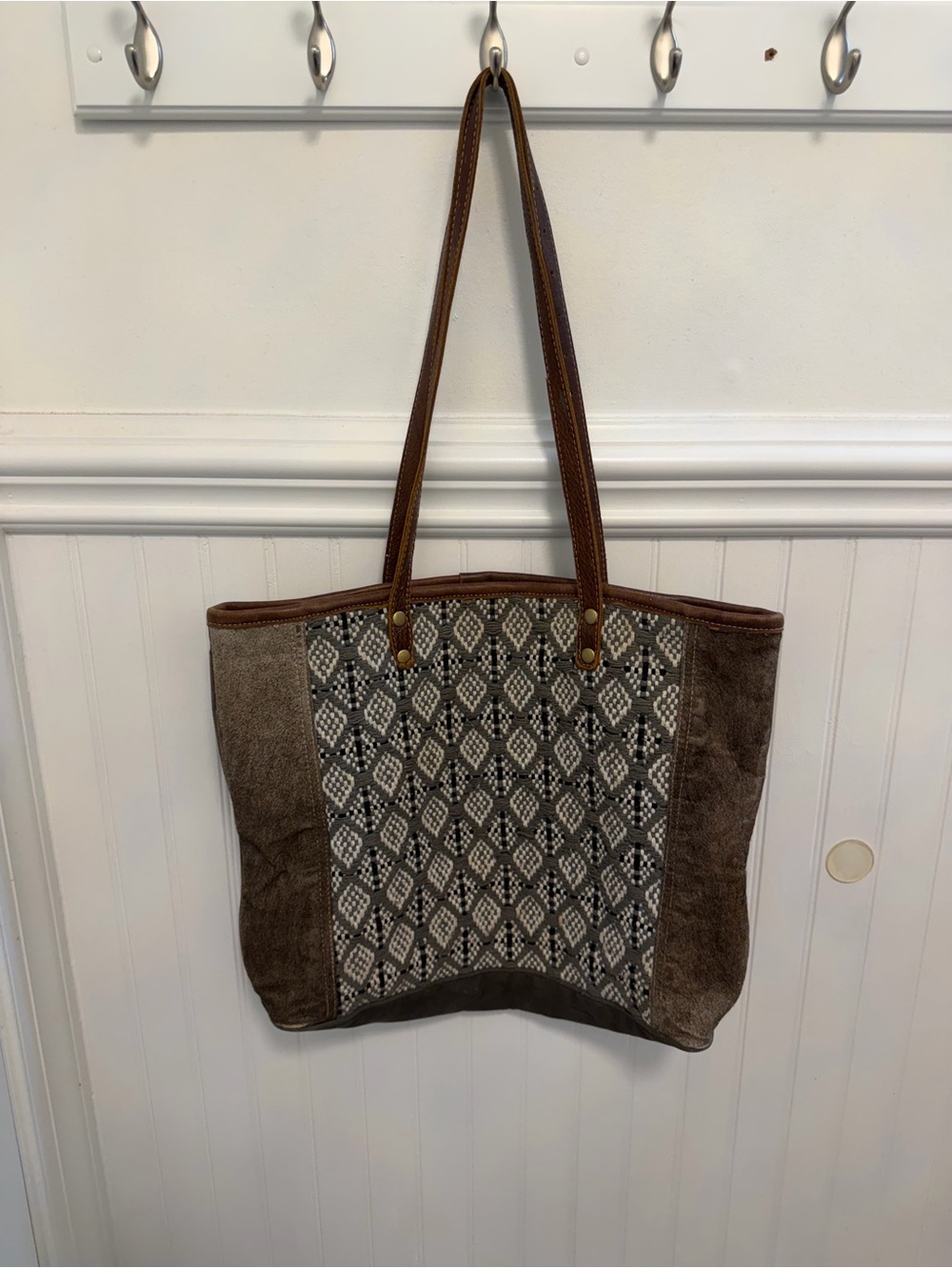 Myra Bag Brown Shoulder Tote with Geometric Panel